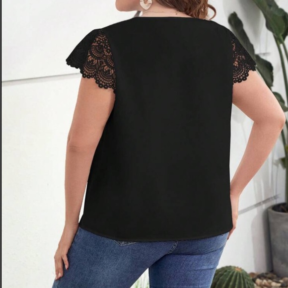 Plus Size Sheer Lace Sleeve Scallop Trim Top Blouse Shirt Green - Picture 8 of 16